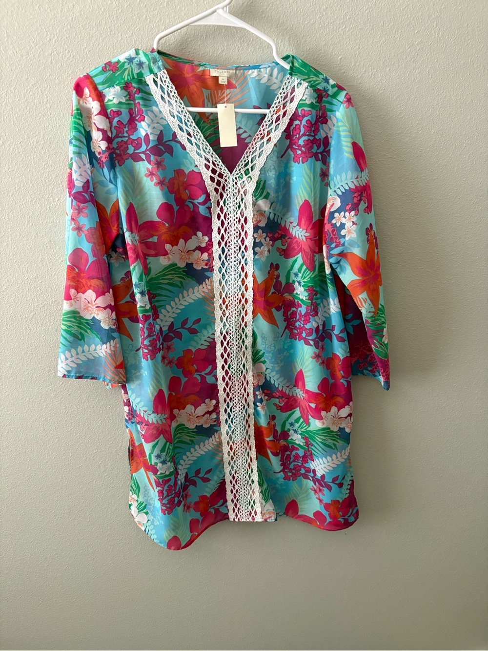 Talbots Turquoise Floral V-Neck Tunic with White Crochet Trim